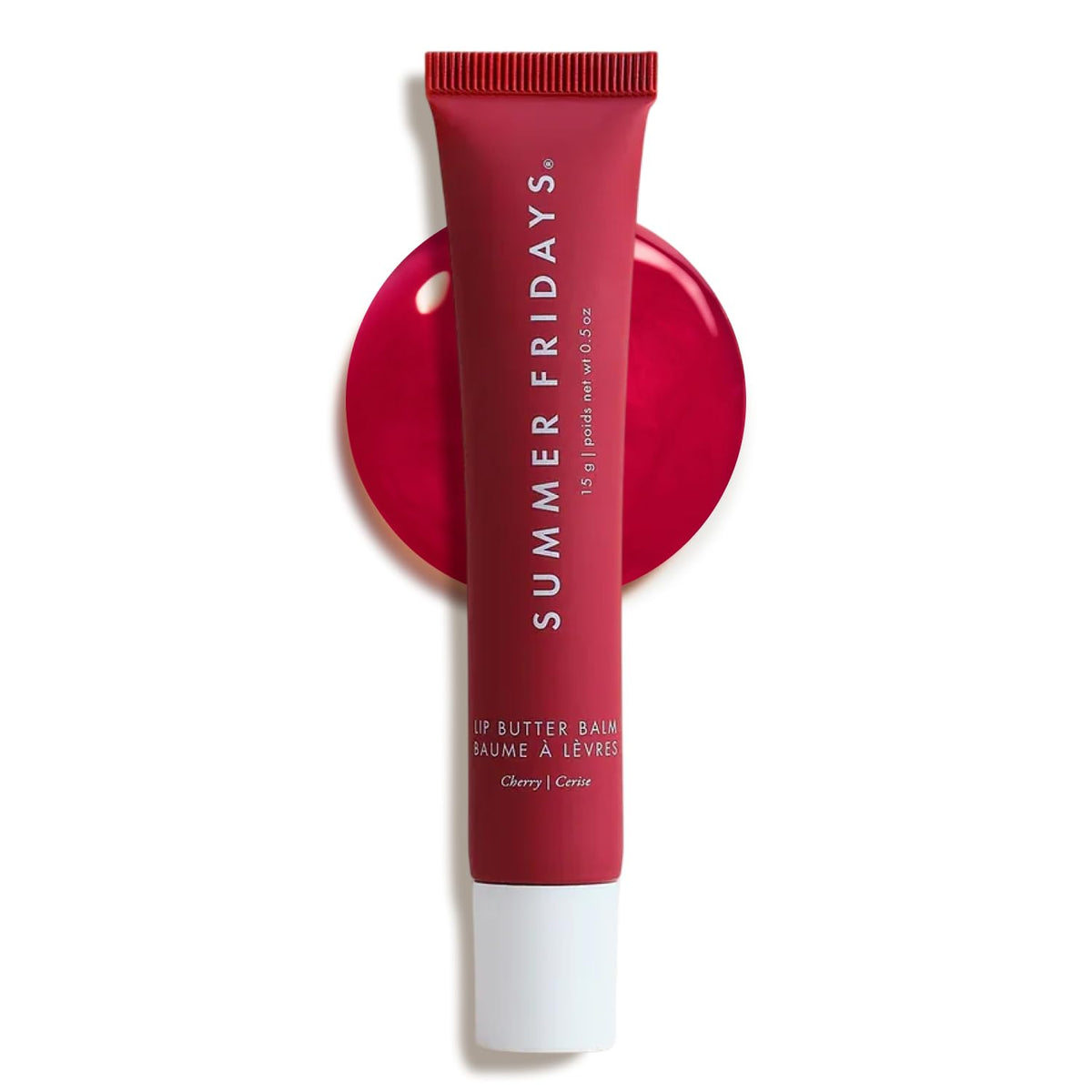 Summer Fridays Cherry lip butter tube close-up showing sheer color and conditioning properties.