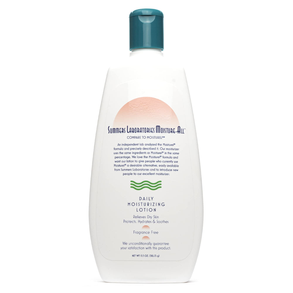 Moisture-All de Summers Laboratories, bote con dispensador, ofrece hidratación suave para piel seca.