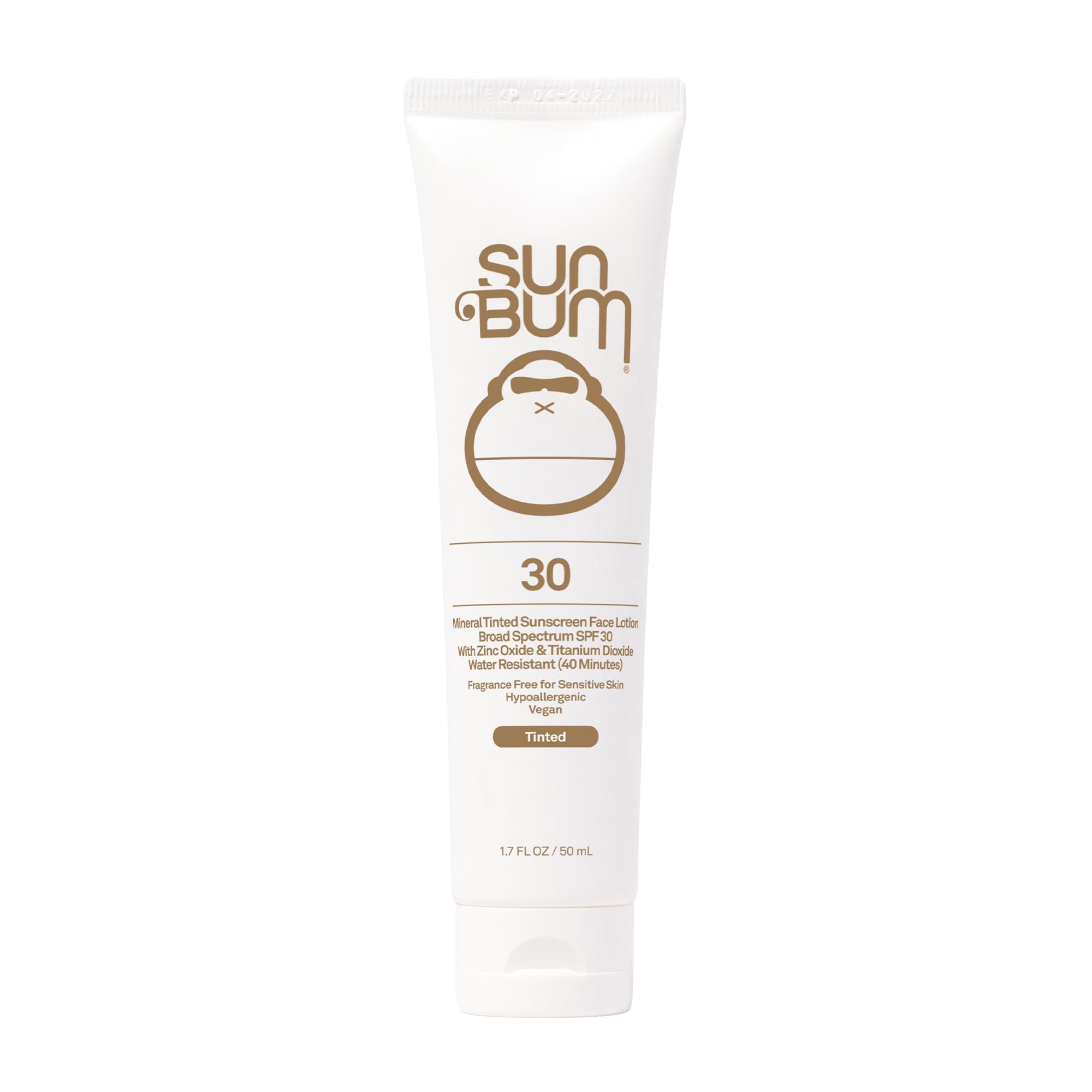 Sun Bum Mineral SPF30 protector facial tintado mate en botella, protección suave para uso diario.