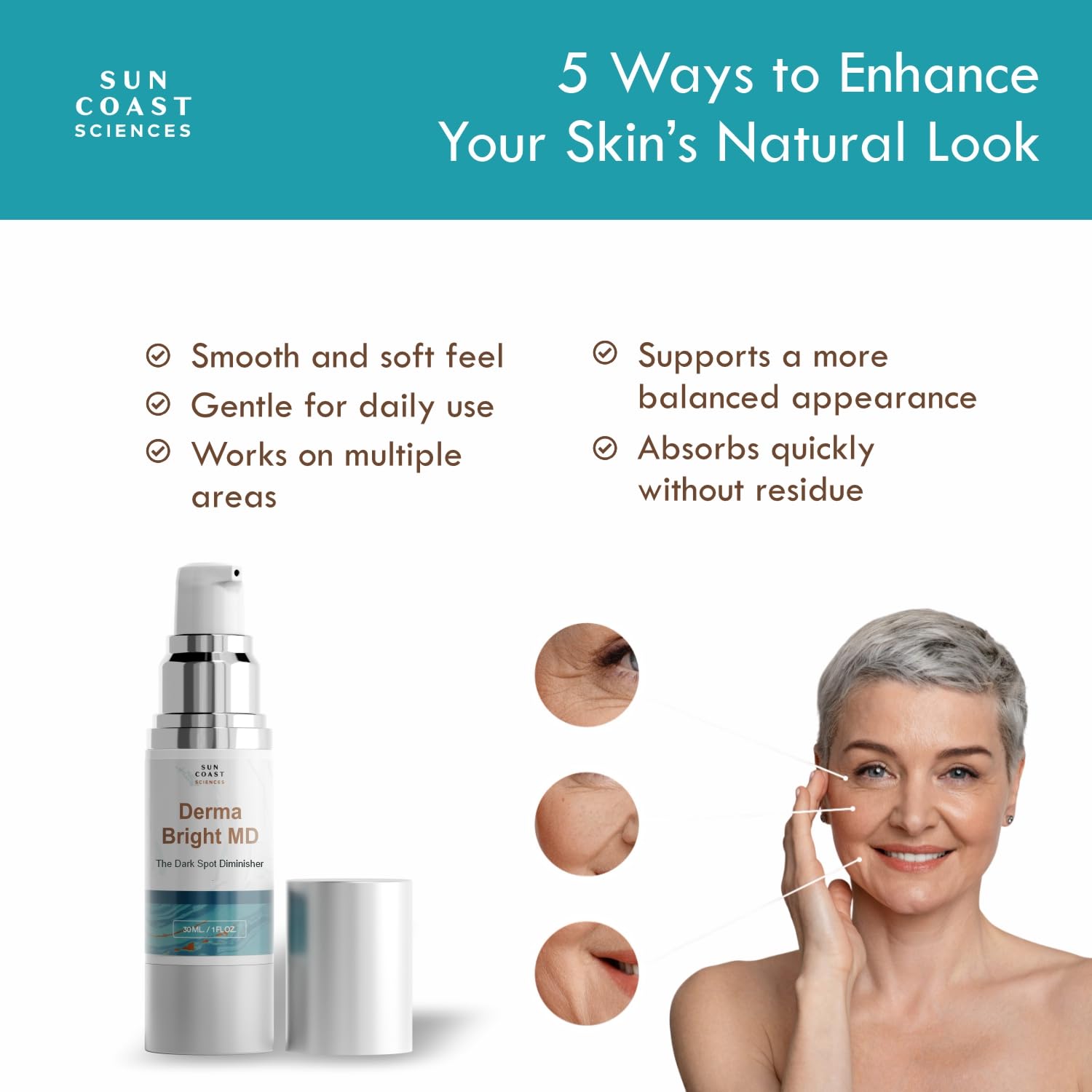 SUN COAST SCIENCES DermaBright MD crema de textura ligera se absorbe rápidamente.