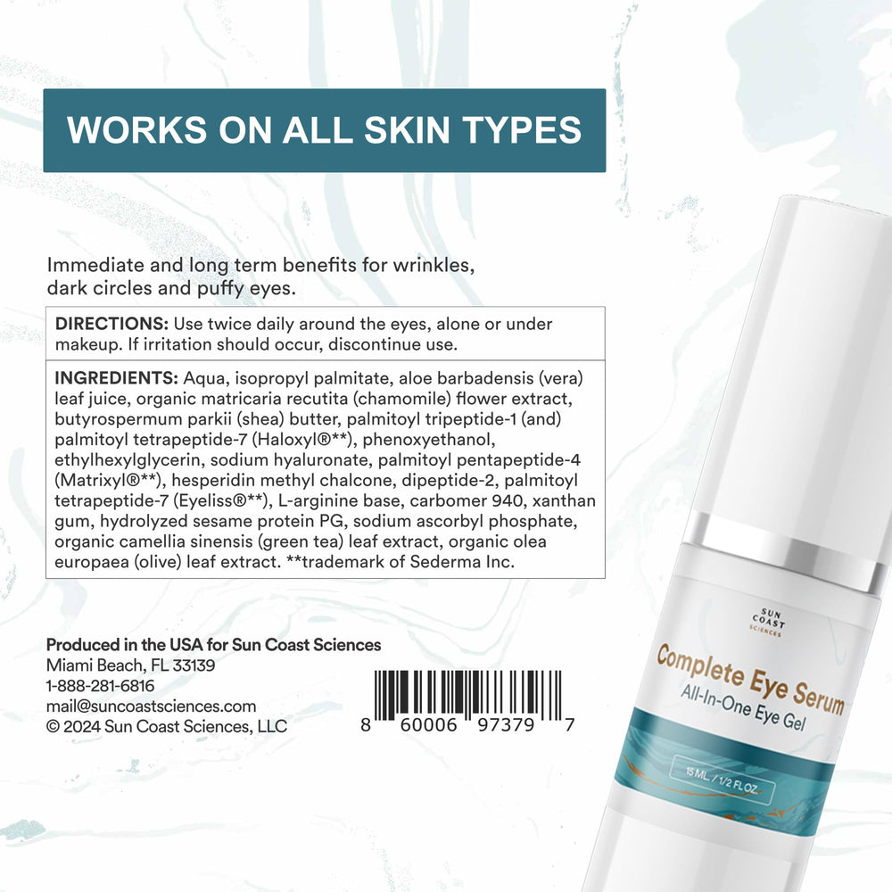 SUN COAST SCIENCES Sérum Ojos Completo, fórmula libre de crueldad para piel delicada.