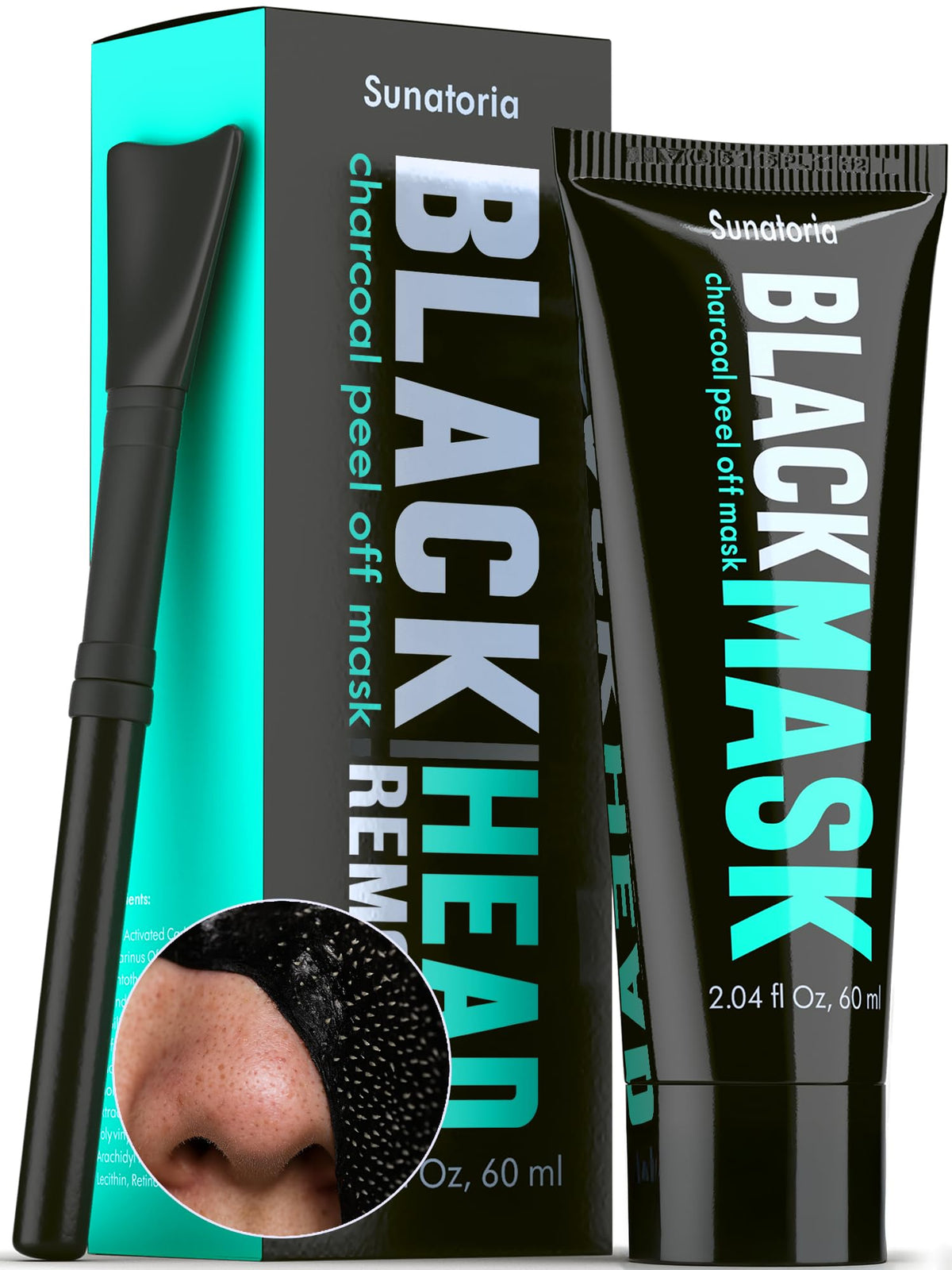 SUNATORIA mascarilla negra carbón, enfoque de aplicación para purificar la piel y eliminar impurezas.