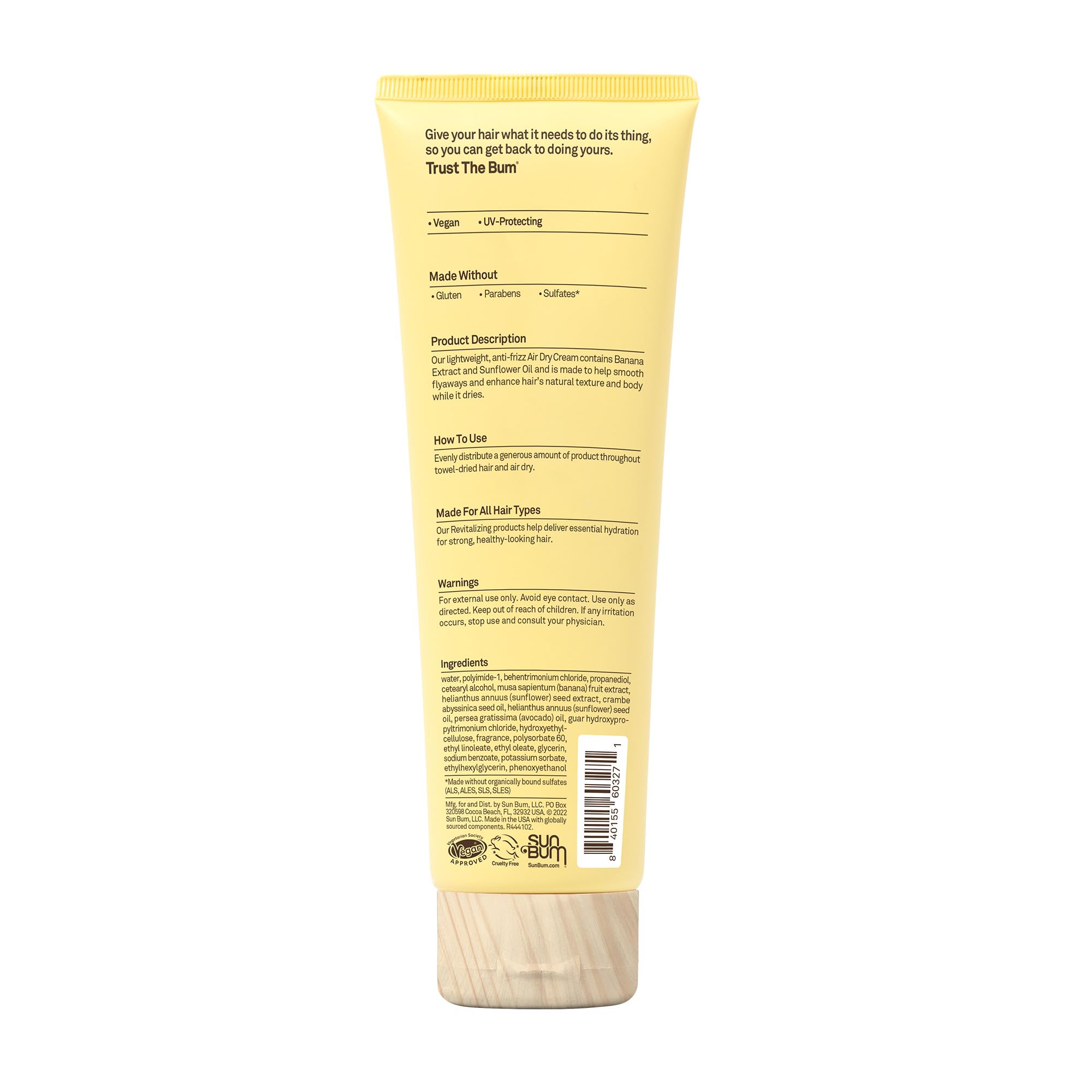 Sun Bum Revitalizing Air Dry Cream ingredients illustration showing banana and sunflower.
