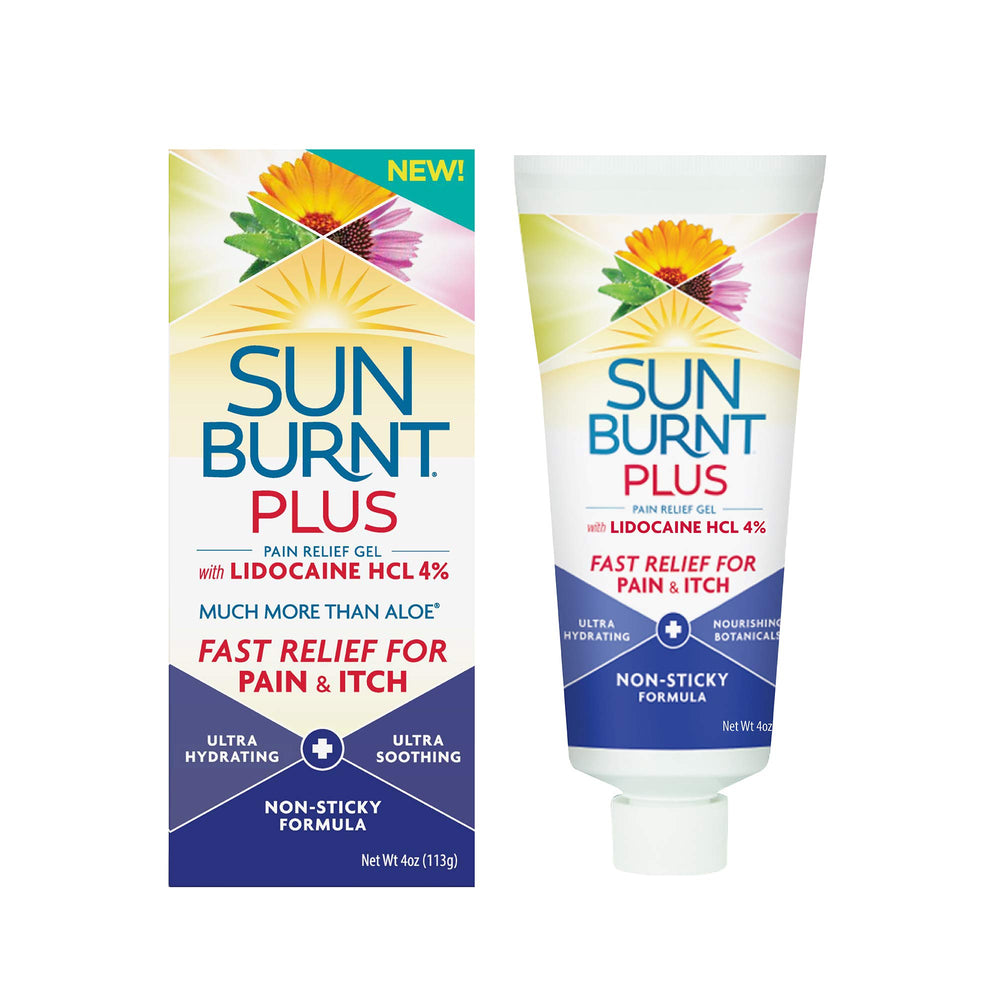 Sunburnt Plus botella 4oz, envase cómodo para uso tras la exposición solar.