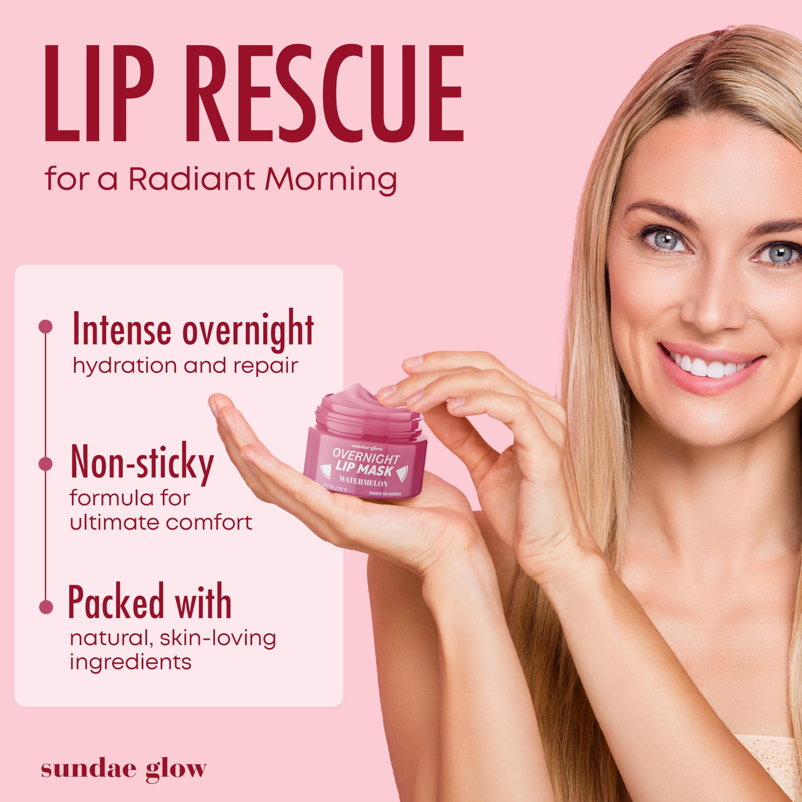 Sundae Glow crema nocturna para labios con sandía, ayuda a reparar sequedad.