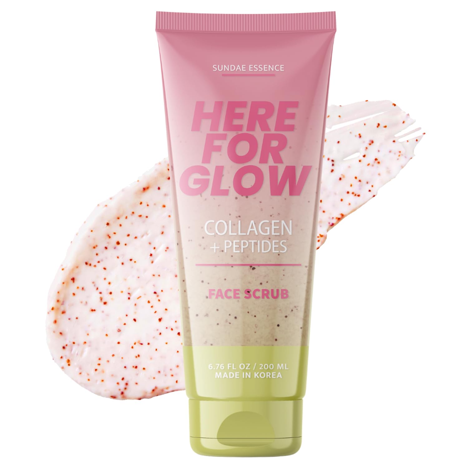Sunday Essence Face Scrub bottle shows collagen and peptides for smoother, hydrated skin.