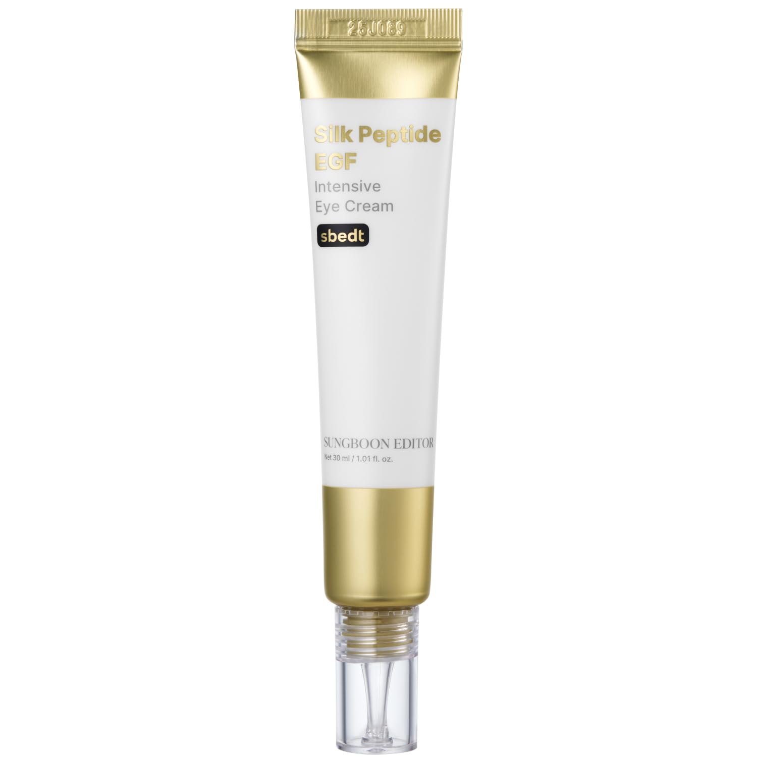 SUNGBOON EDITOR crème yeux Silk Peptides EGF, bouteille élégante offrant hydratation et fermeté.