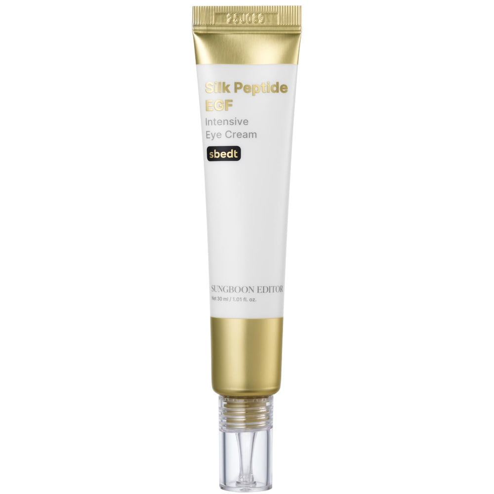 SUNGBOON EDITOR crème yeux Silk Peptides EGF, bouteille élégante offrant hydratation et fermeté.