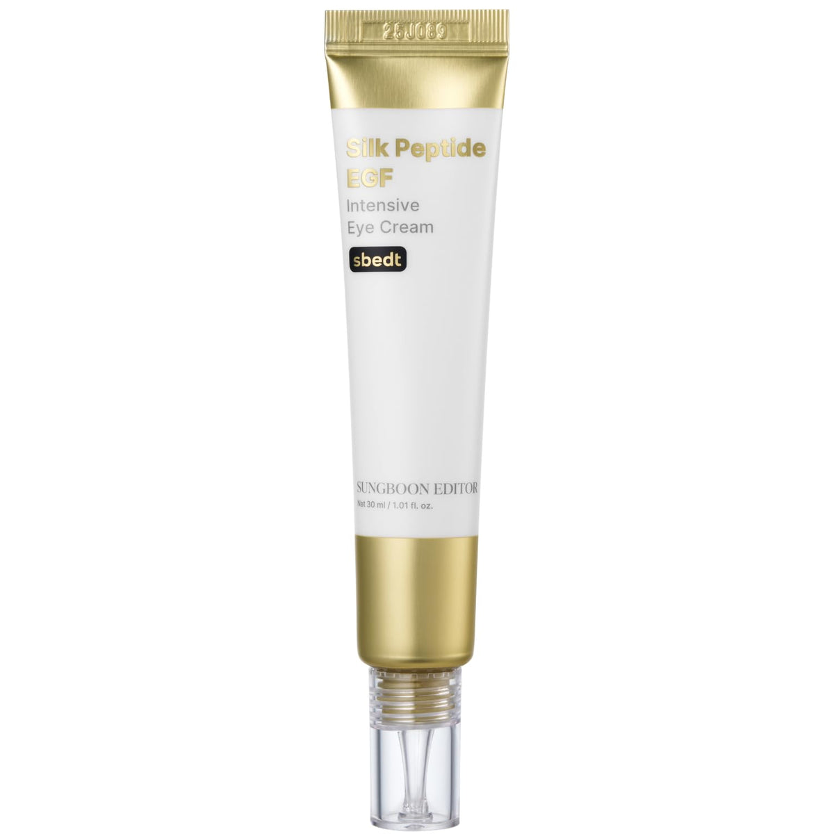 SUNGBOON EDITOR crème yeux Silk Peptides EGF, bouteille élégante offrant hydratation et fermeté.