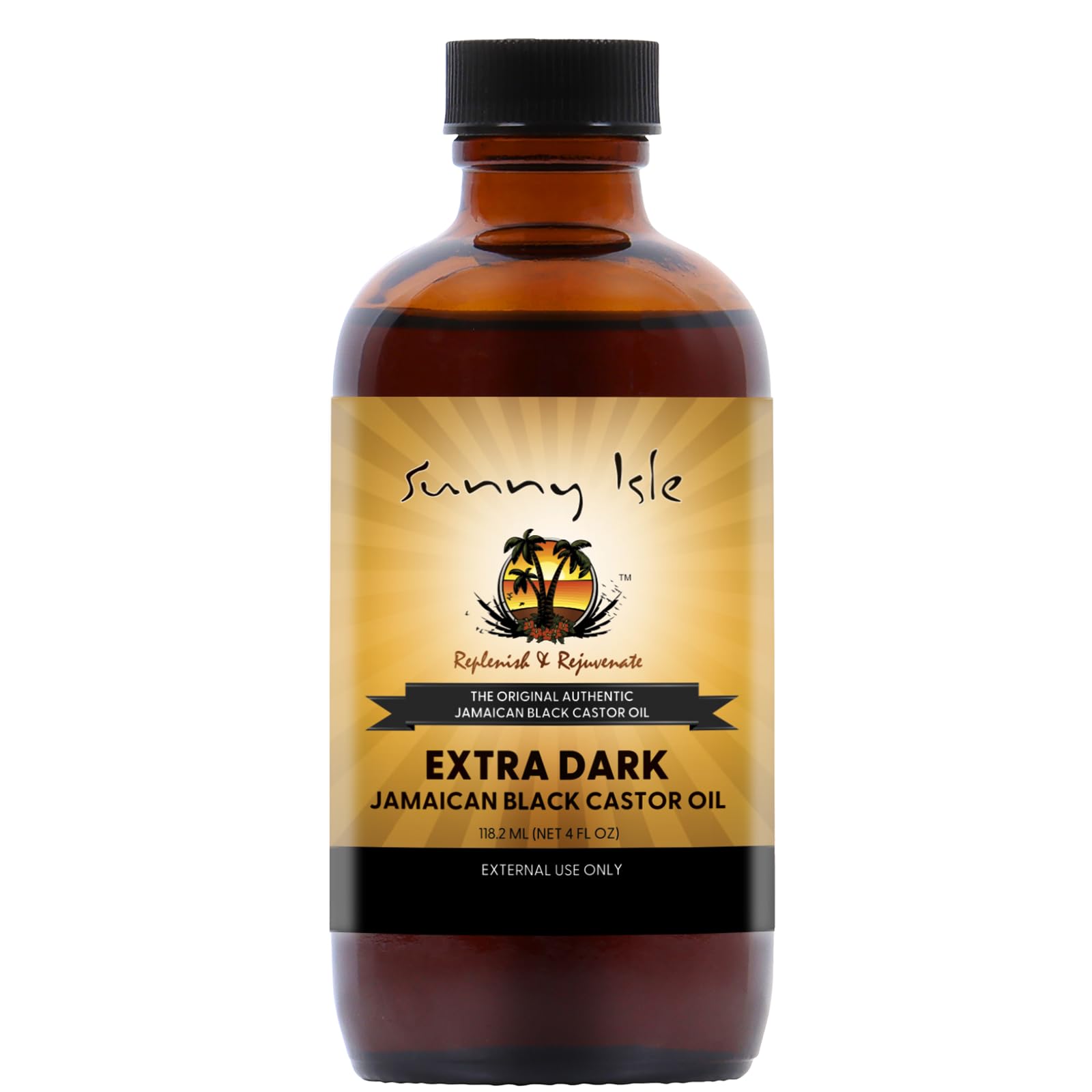 Sunny Isle Aceite Ricino Negro Extra Oscuro, frasco 4 onzas líquidas, aroma rico para cabello y piel.