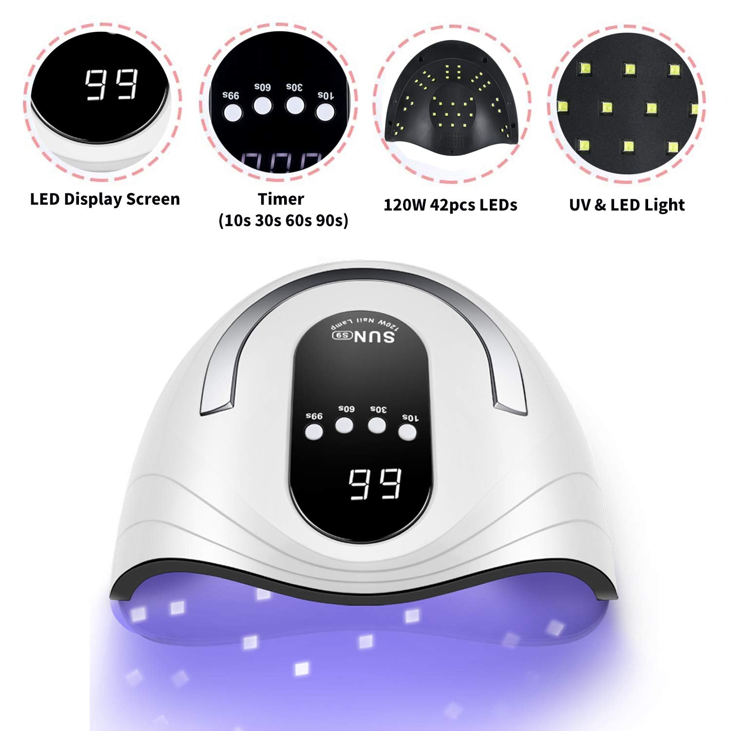 Sunrich UV Gel Nail Lamp in use shows hands under fast-curing light.