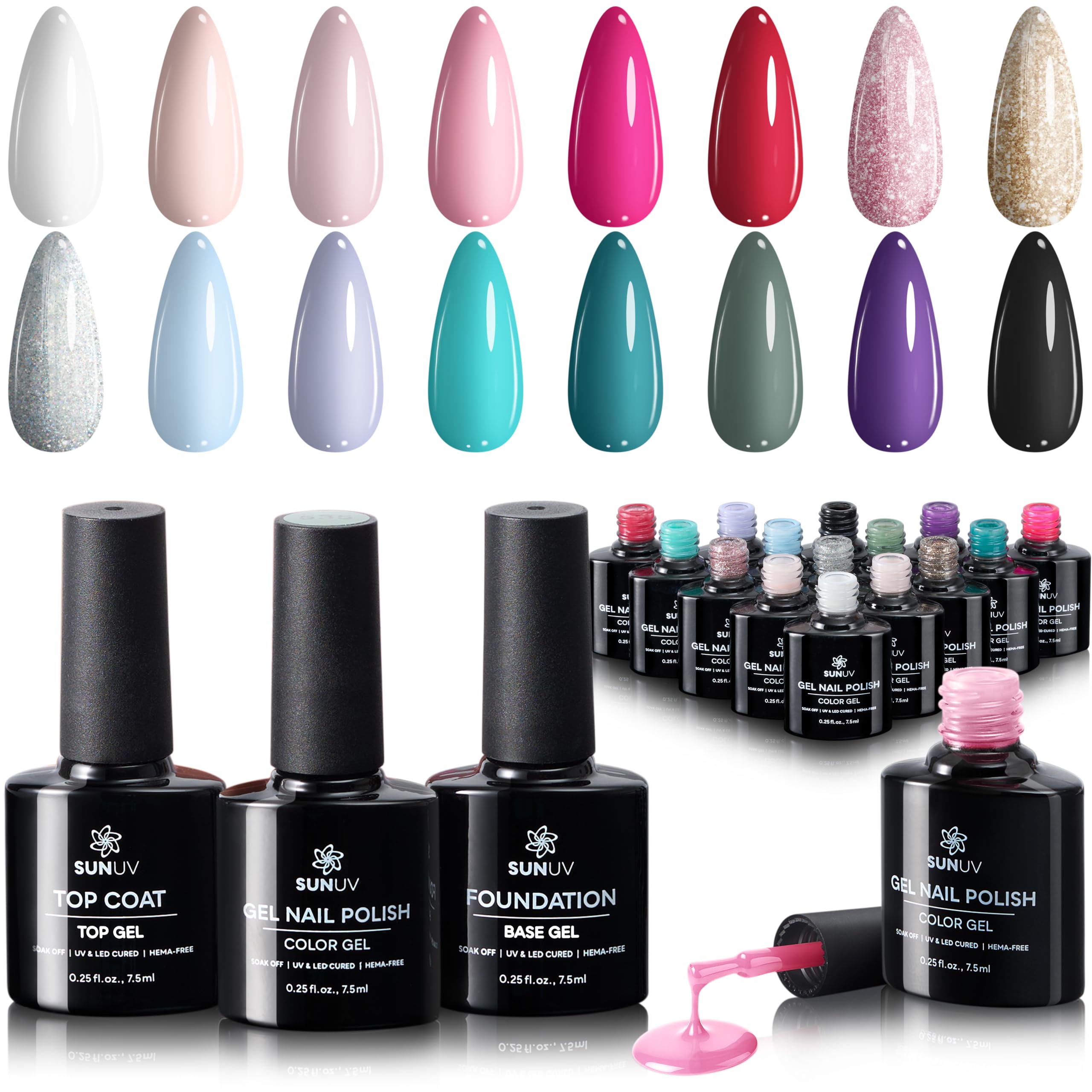 SUNUV kit de esmalte gel con 16 colores para uñas duraderas.