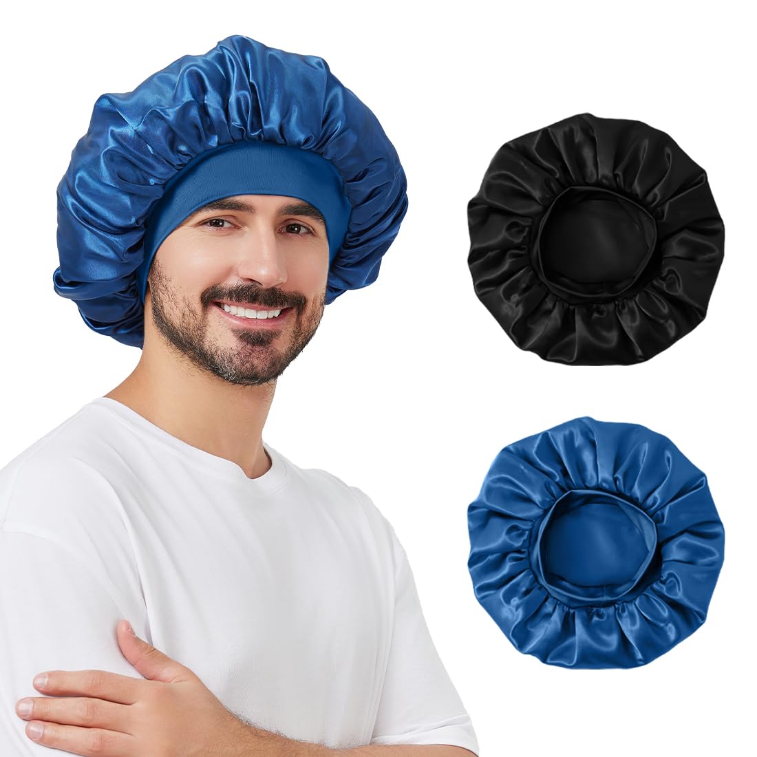 Supaze bonete satén para dormir en negro y azul, suave y cómodo.