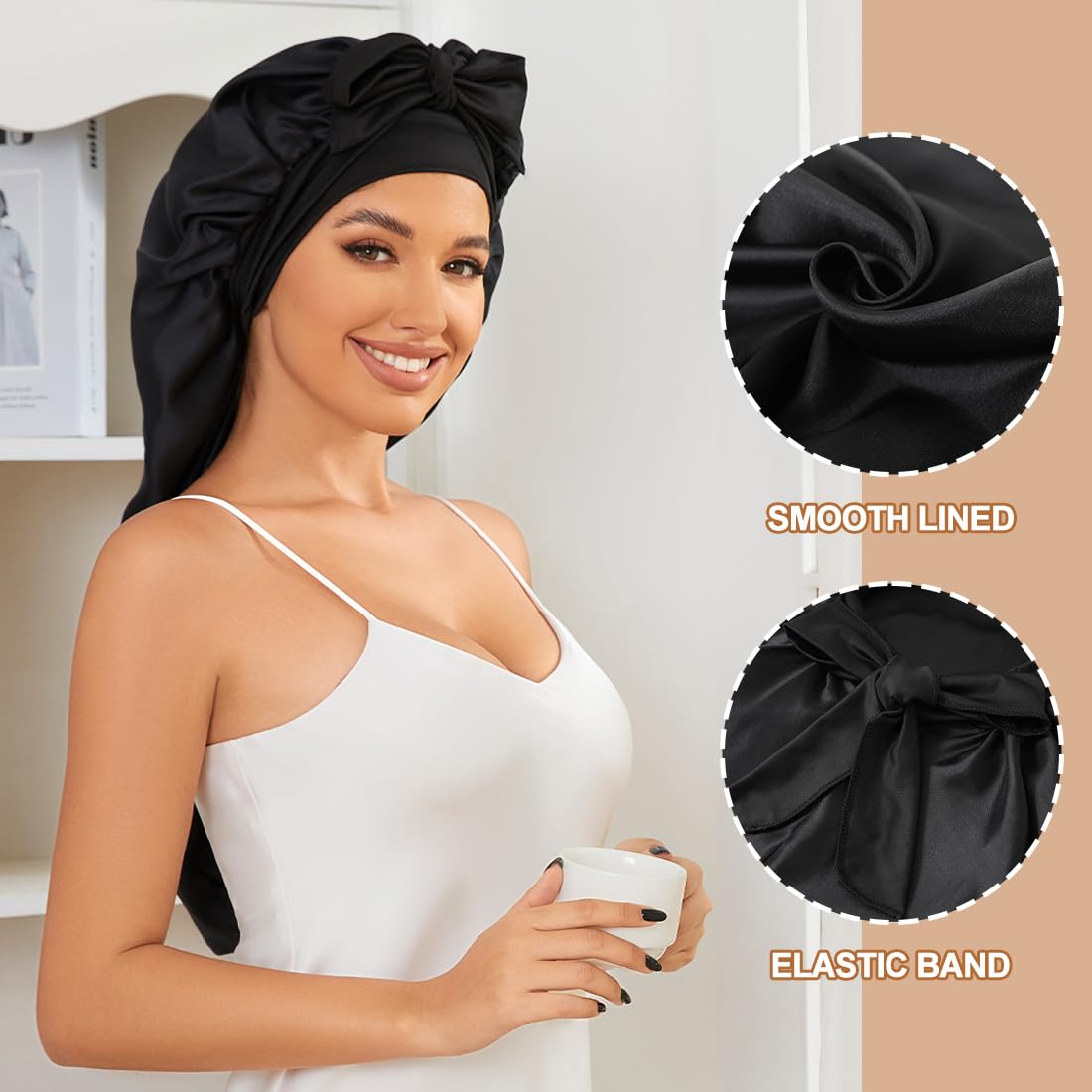 Bonete satinado Supaze con banda elástica ajustable para un ajuste cómodo durante la noche.