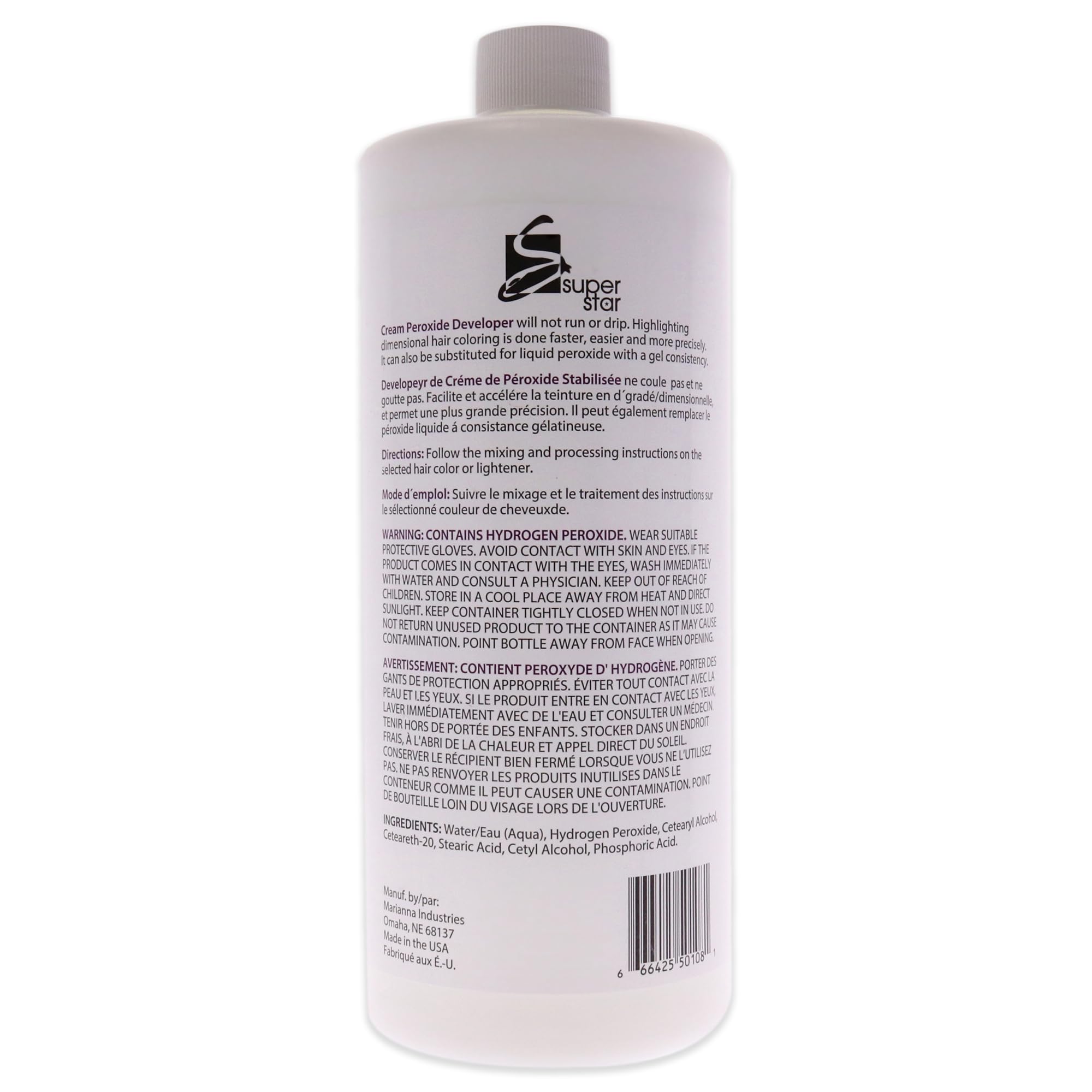 Super Star 10v desarrollador de peroxido, etiqueta informativa, empaque para coloracion profesional