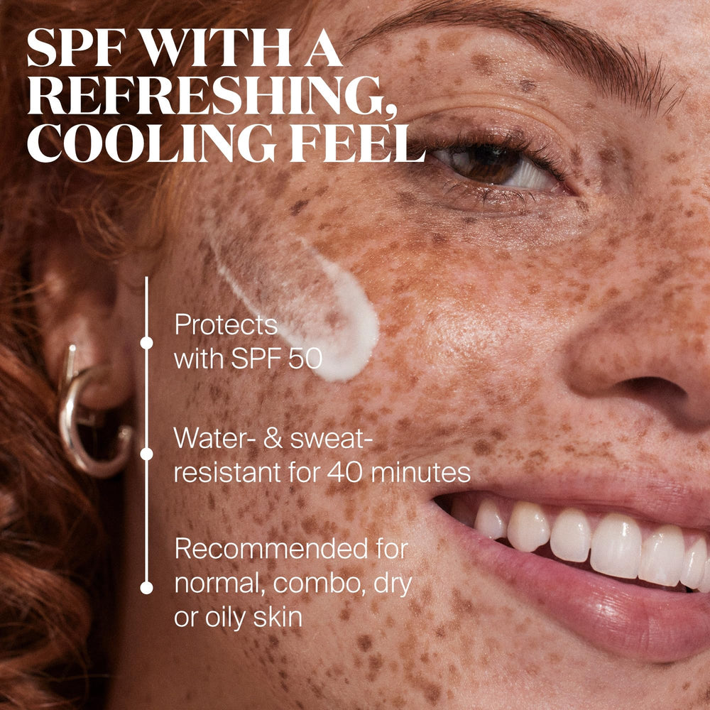 Supergoop Every. Single. Face. Lotion – goutte d eau rafraîchissante appliquée sur peau