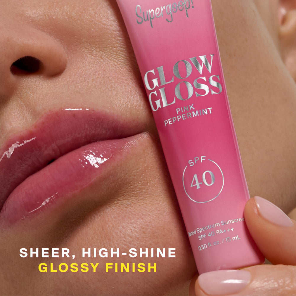 Packaging of Supergoop Glow Gloss SPF 40 broad protection lip balm