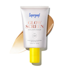 Supergoop Glowscreen SPF 40 Hora Dorada, botella visible, protección solar y brillo hidratante.