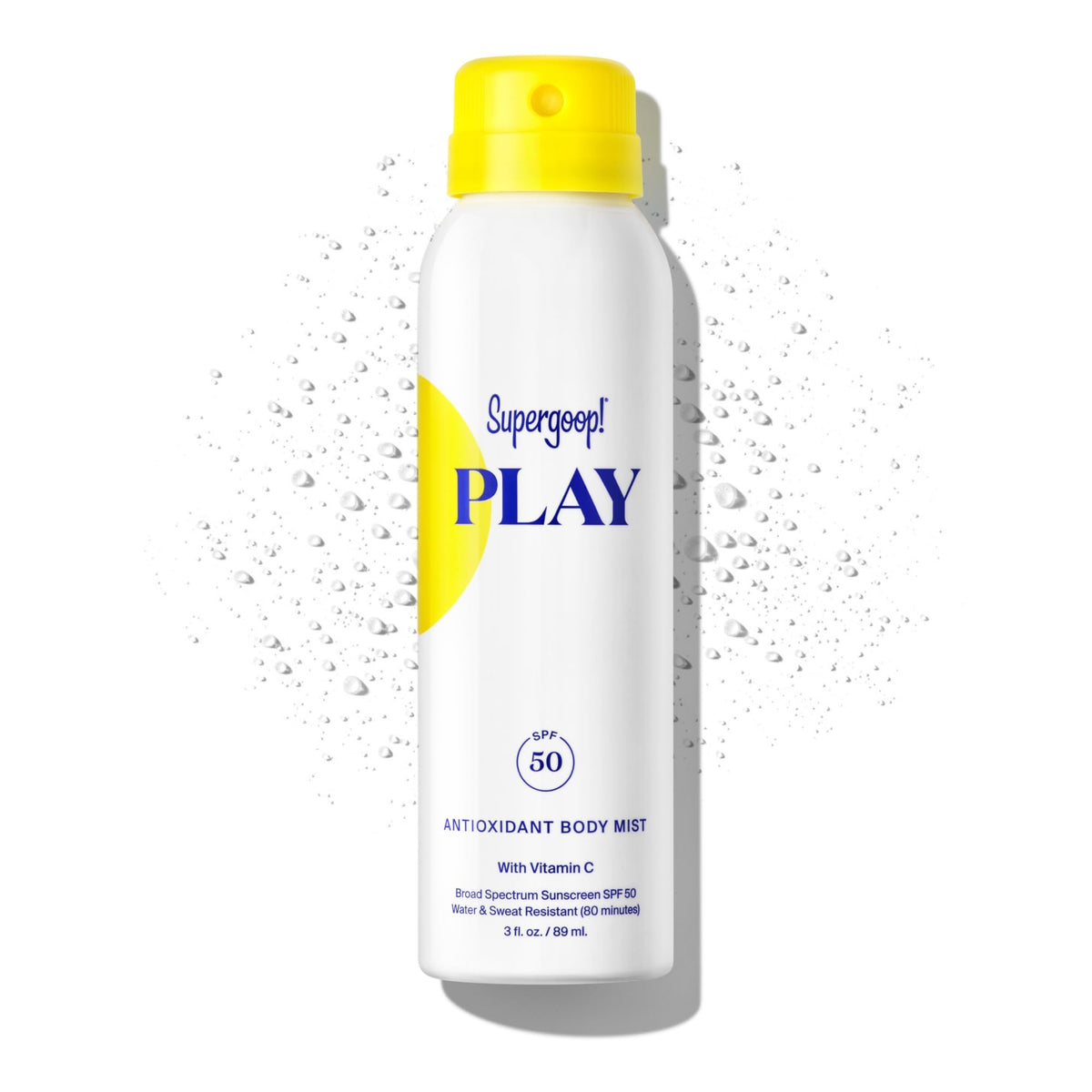 Supergoop PLAY Bruma antioxidante corporal SPF50, botella lateral para protección ligera en dias activos.