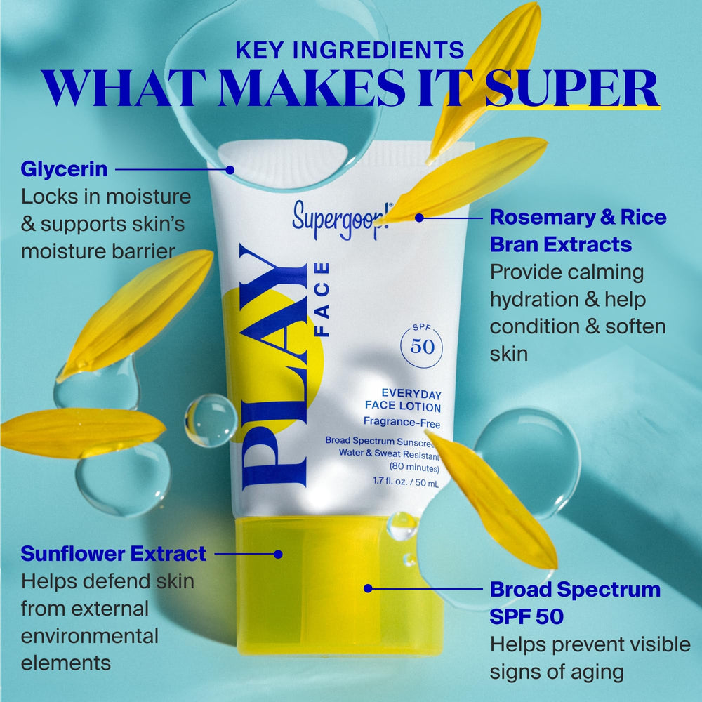 Supergoop PLAY aplicación diaria facial SPF50, ideal bajo maquillaje.