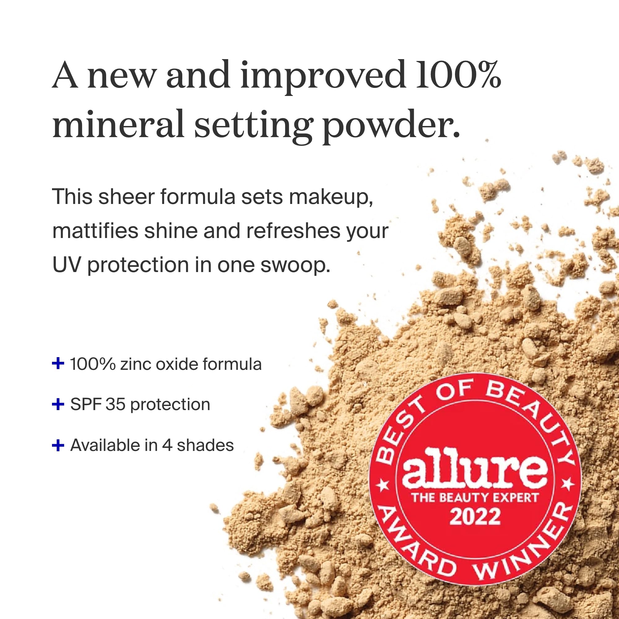 Supergoop! Poudre fixatrice SPF35 Medium, brosse-doseur précise pour une application ciblée.