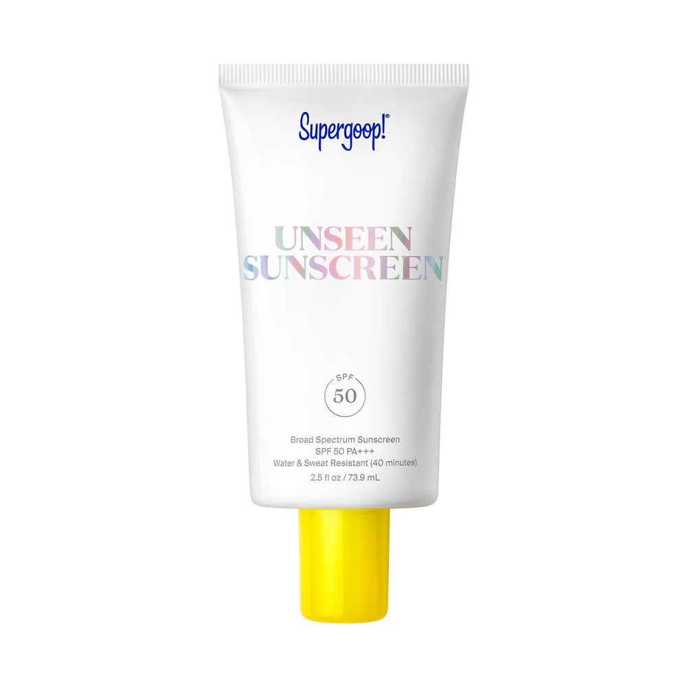 Supergoop Unseen Sunscreen: bote SPF 50, protector invisible para piel sin residuos.