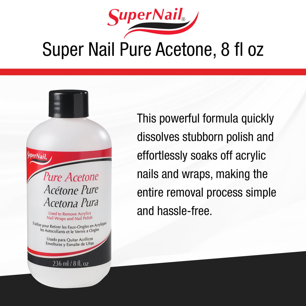 SuperNail acetona pura, aplicación suave con almohadilla para quitar esmalte.