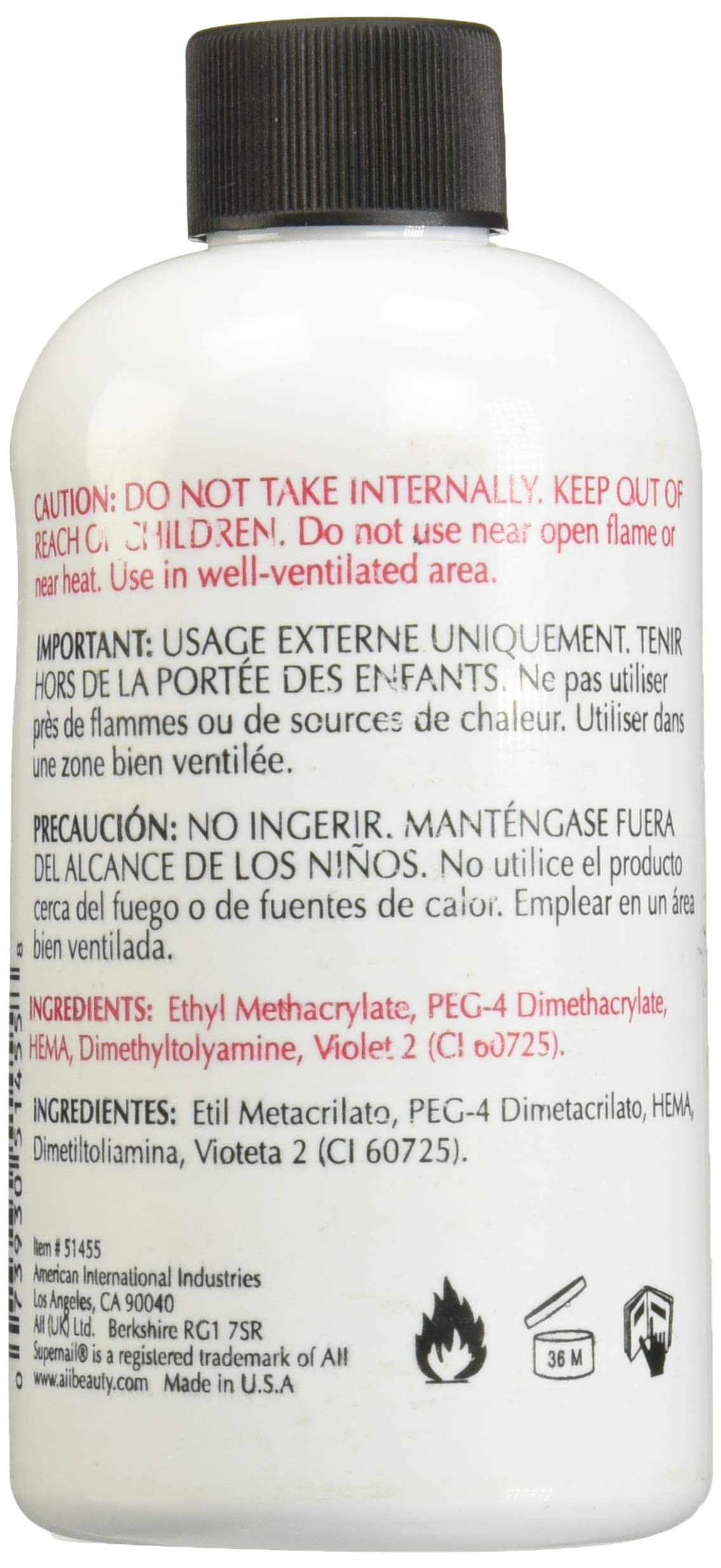 SuperNail Líquido para Uñas, vista lateral de la botella, protección contra amarillamiento.