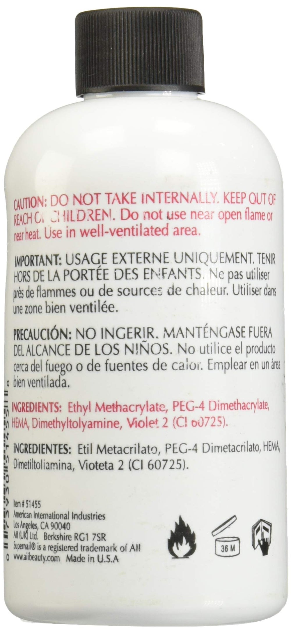 SuperNail Líquido para Uñas, vista lateral de la botella, protección contra amarillamiento.