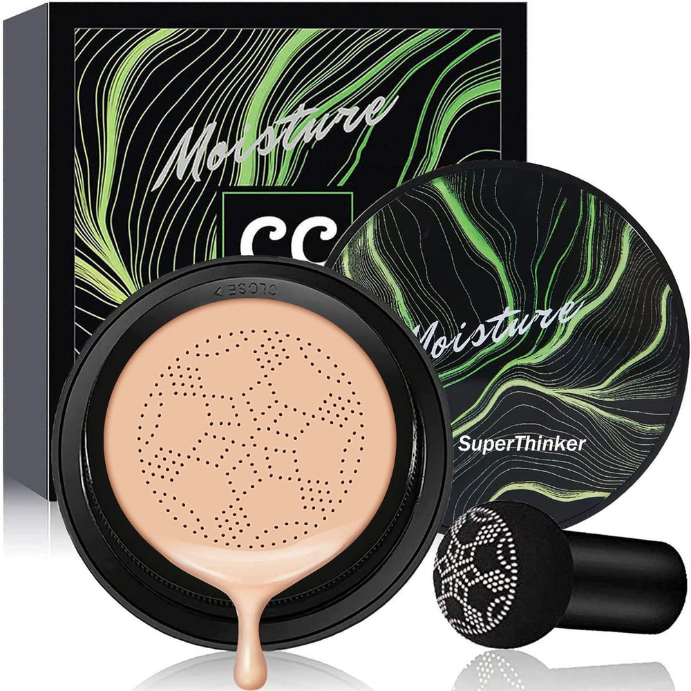 SuperThinker Air Cushion CC Cream con cabeza de hongo para cobertura suave y natural.