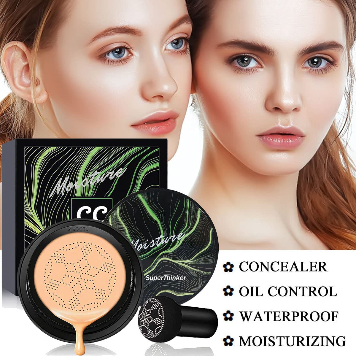 Cobertura uniforme de la Crema CC SuperThinker que oculta imperfecciones.