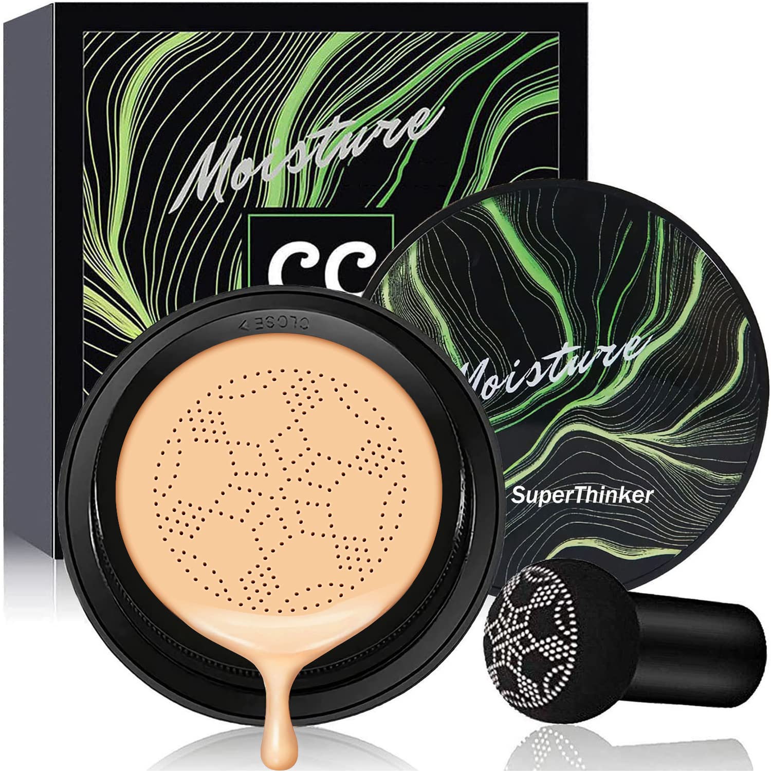 SuperThinker Crema CC con hongo aplicador para cobertura suave y natural.