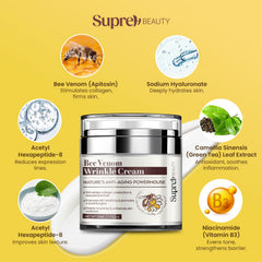 SupreH crema veneno de abeja, frasco abierto muestra textura rica para arrugas.