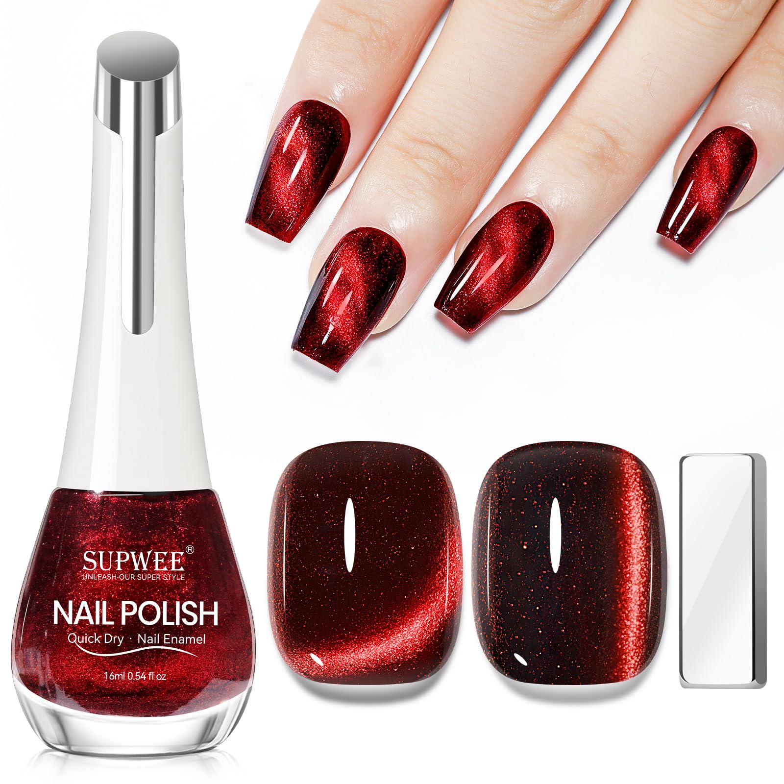 Esmalte magnético SUPWEE rojo con efecto ojo de gato en botella.