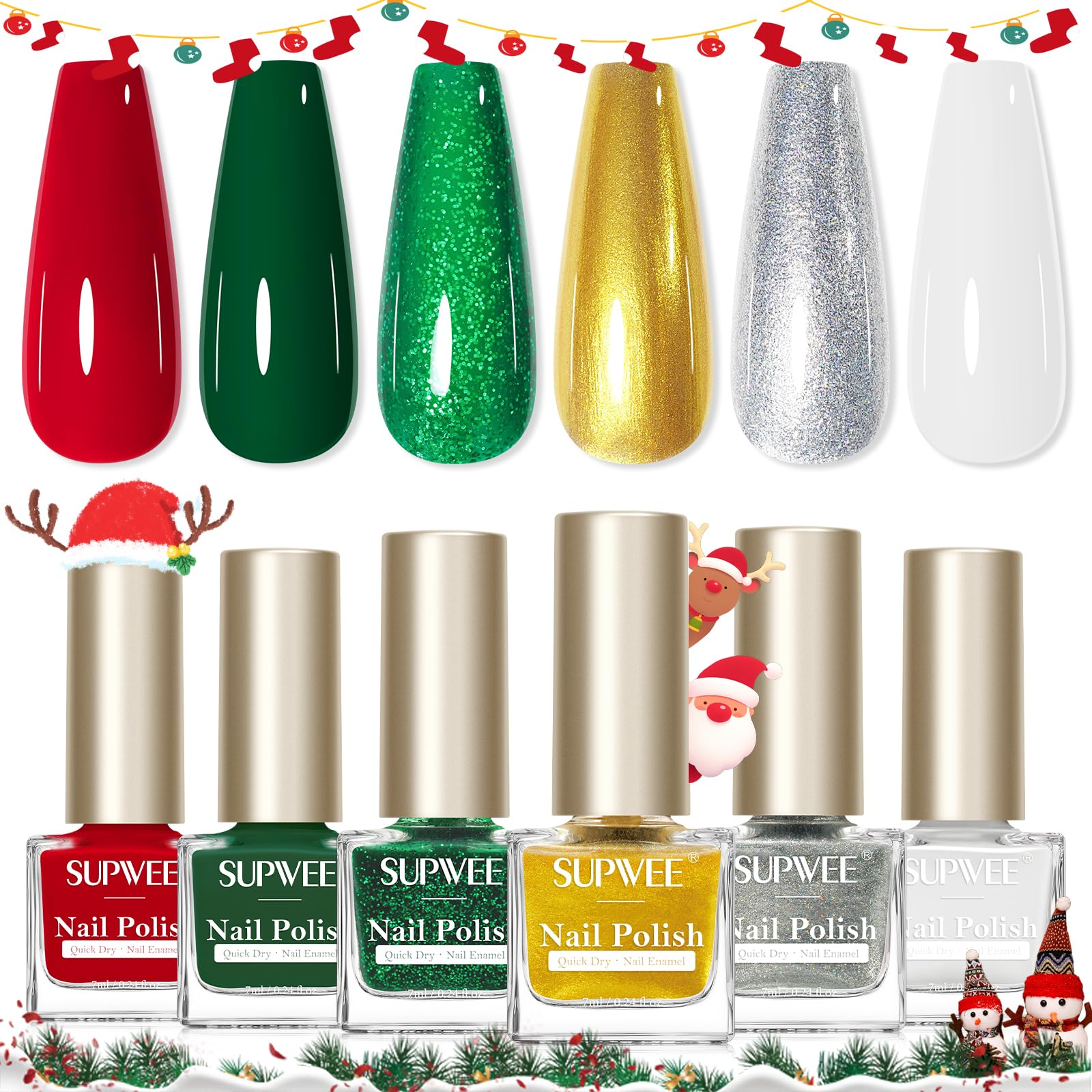 SUPWEE set de esmaltes Navidad en rojos y verdes para manicuras festivas.
