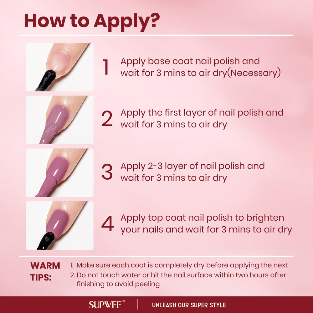 Supwee Oil-based bottle delivers lasting color and shine.