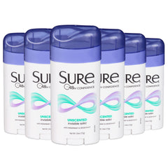Sure desodorante antiperspirante sólido sin fragancia en paquete de 6 para protección diaria.
