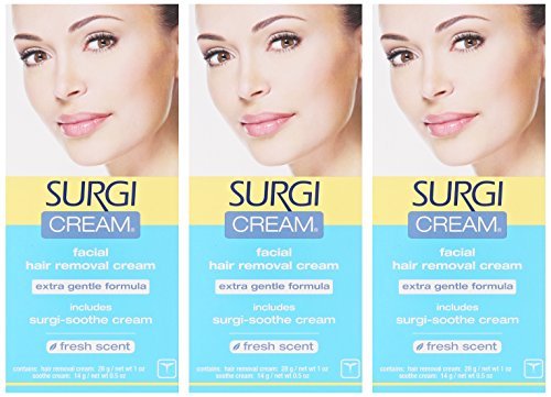 Paquete de tres tubos de Surgi-cream para depilar la cara en casa.
