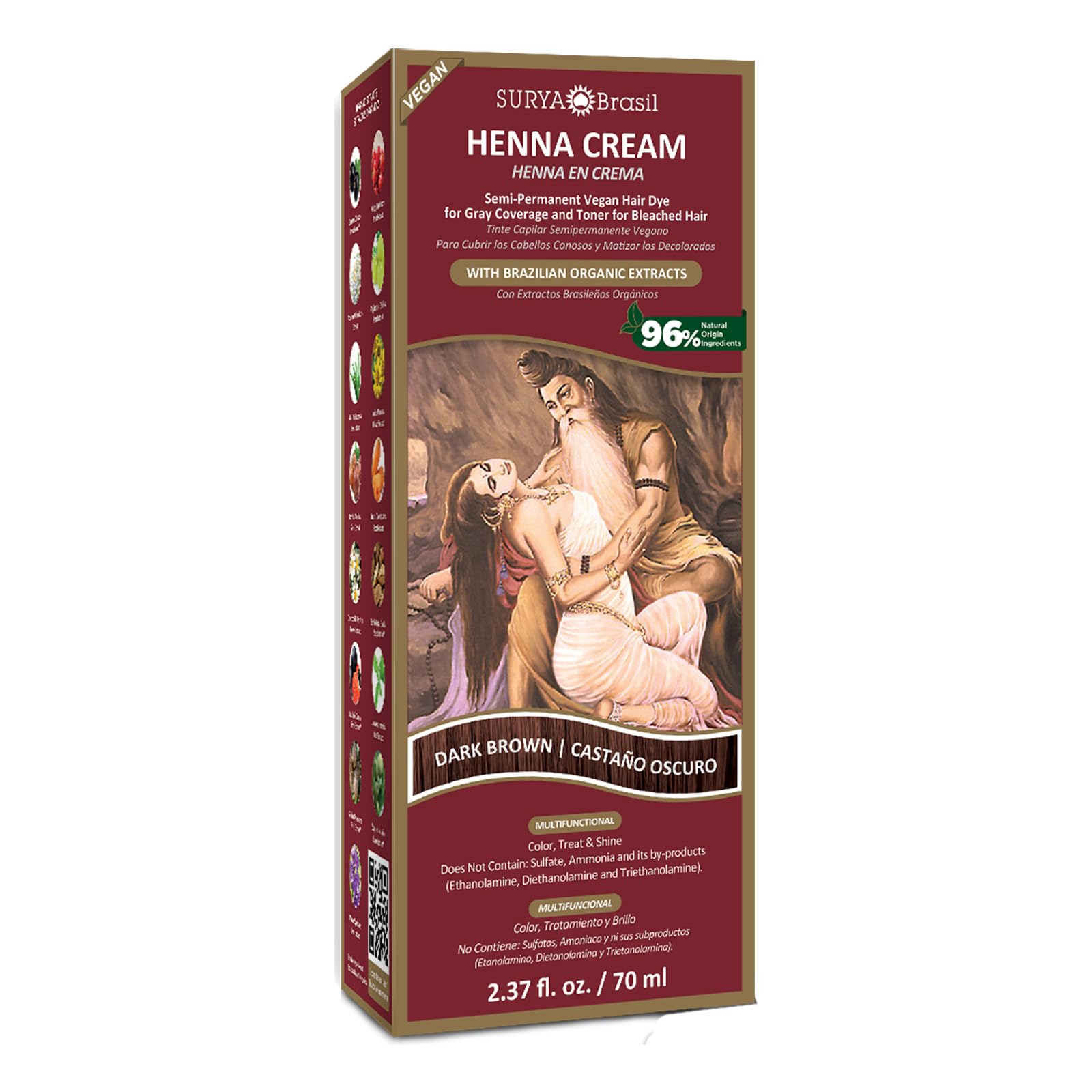 Surya Brasil Crema Henna Marrón Oscuro en envase, color profundo y cobertura suave