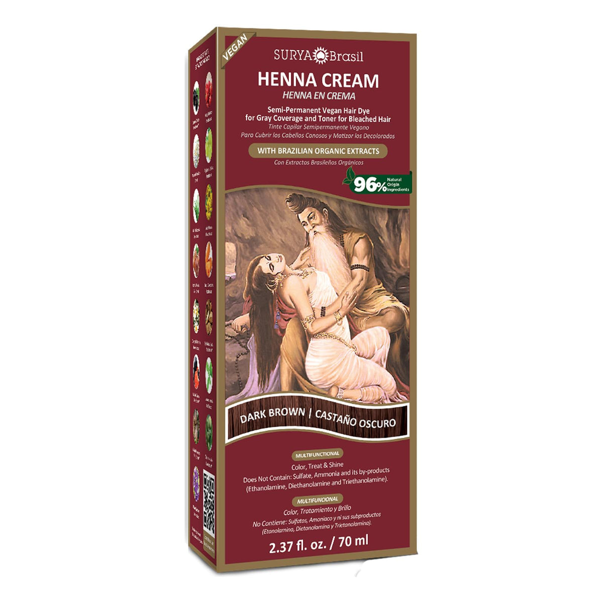 Surya Brasil Crema Henna Marrón Oscuro en envase, color profundo y cobertura suave