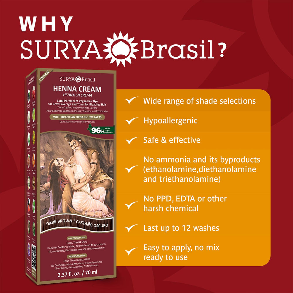 Surya Brasil Crema Henna Marrón Oscuro kit completo para uso casero seguro