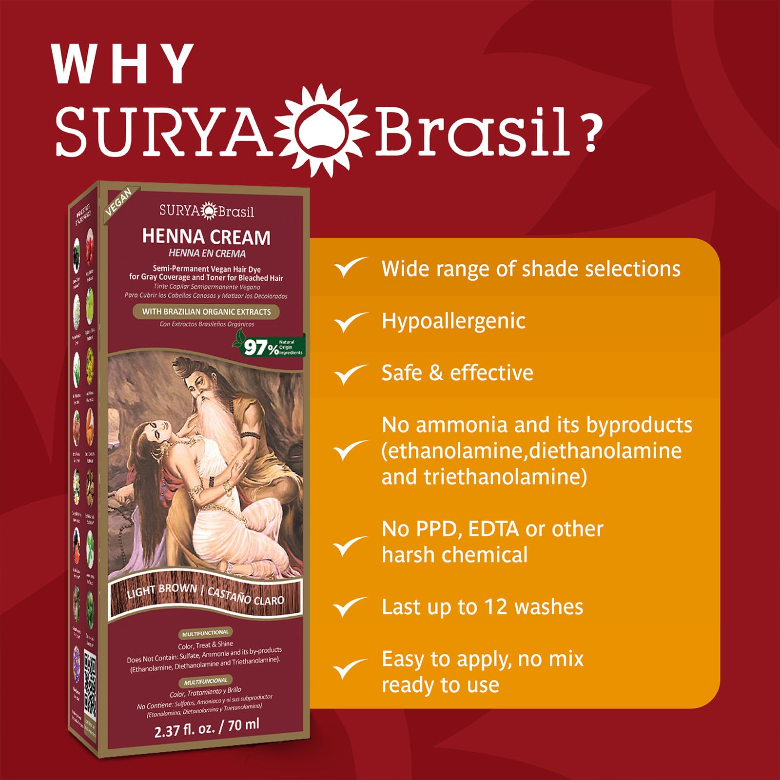 Envase de 70 ml de Surya Brasil Henna Cream listo para usar.