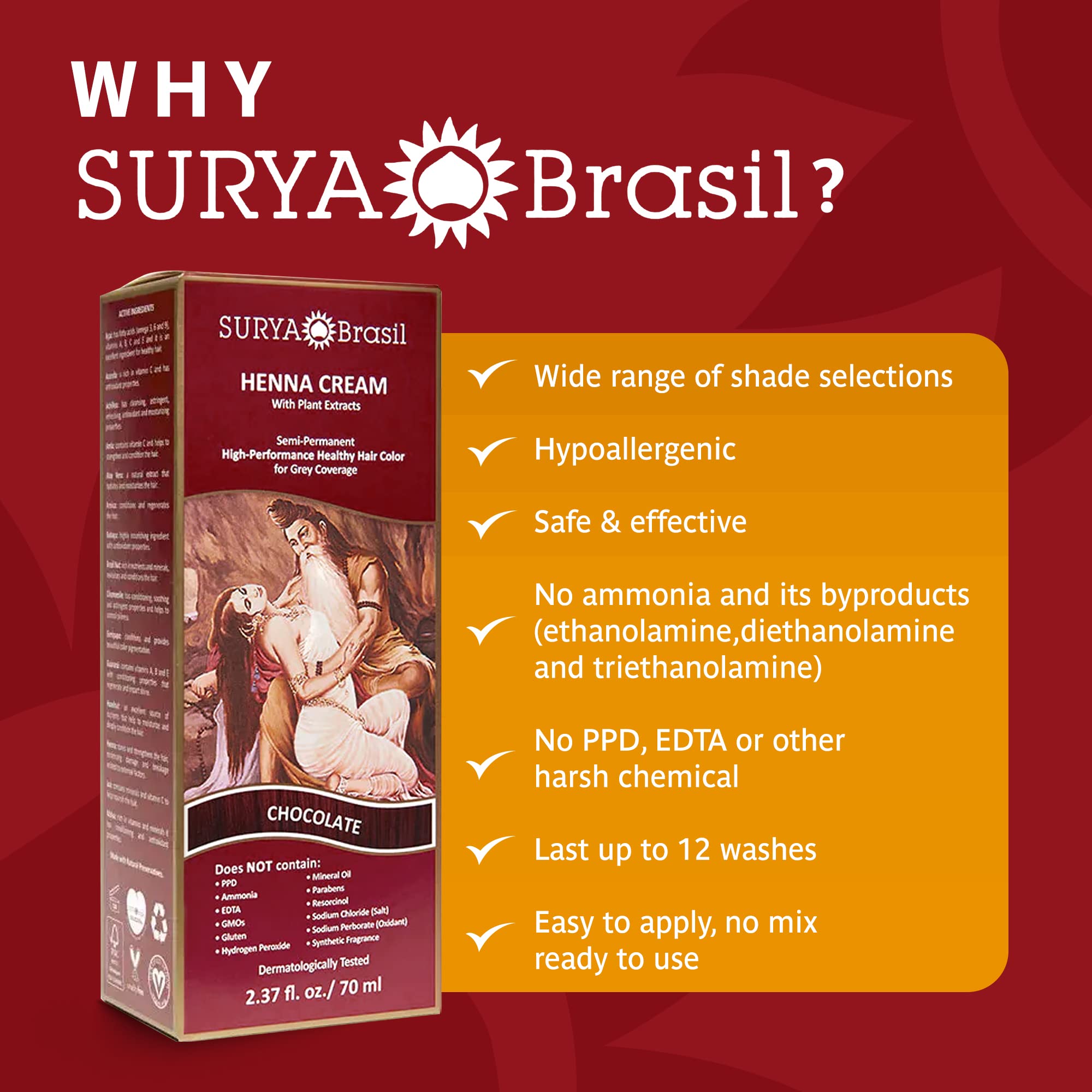 Surya Brasil Henna Crema Chocolate lista para aplicar, mezcla fácil para color natural.
