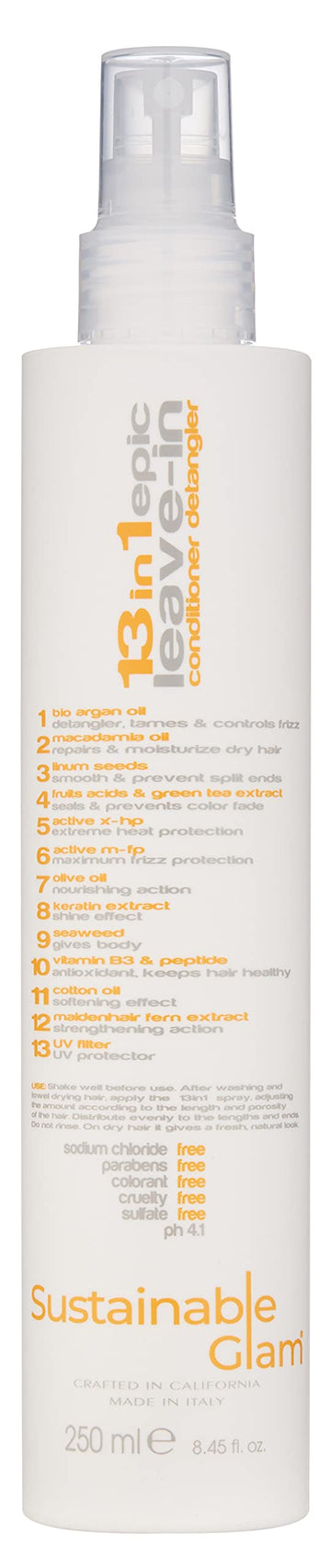 Sustainable Glam Desenredante 13-en-1, botella en primer plano para uso diario.