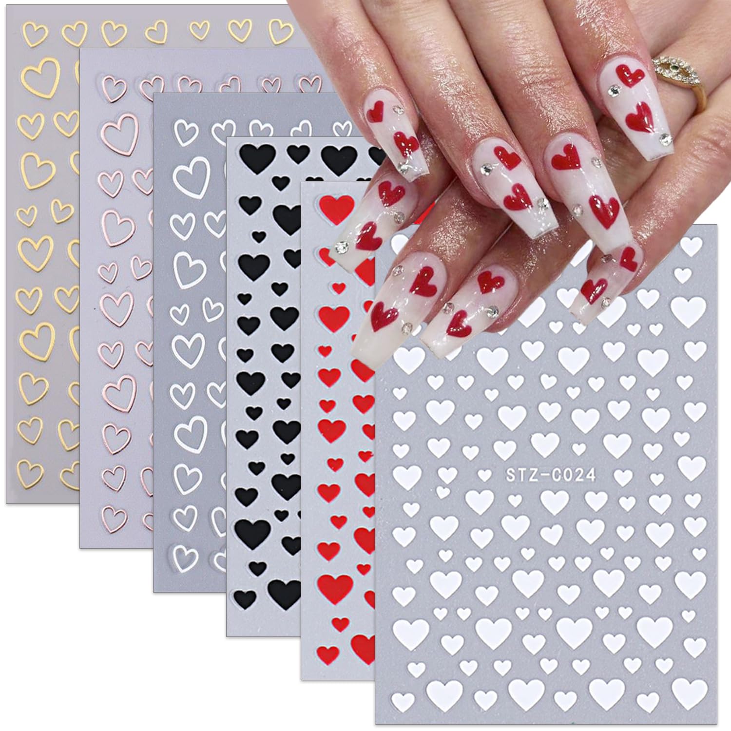 Sutaozhi Corazones 3D para uñas, pegatinas autoadhesivas, detalle glam para uñas.