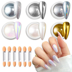 Polvo cromado SUTOZMIWE para uñas en 6 colores con efecto espejo.
