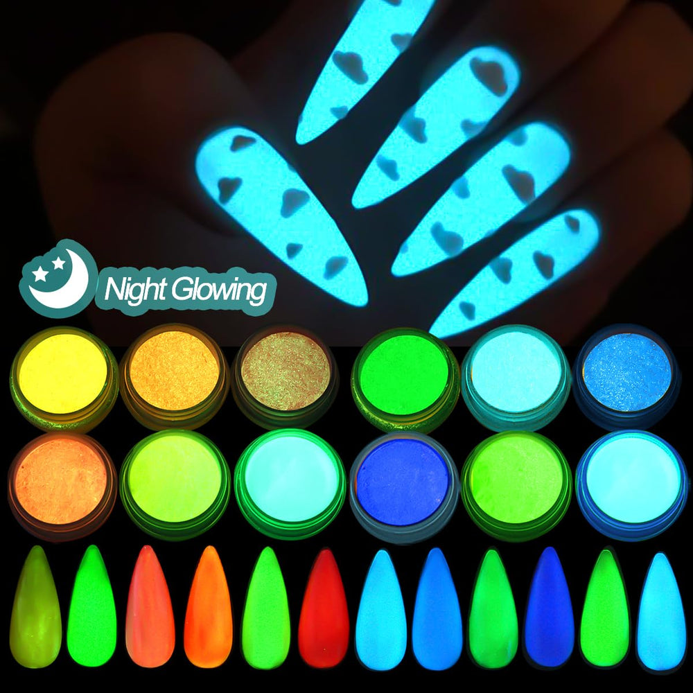 Polvo luminoso azul de SUTOZMIWE para arte de uñas que brilla en la oscuridad