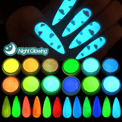 Polvo luminoso azul de SUTOZMIWE para arte de uñas que brilla en la oscuridad