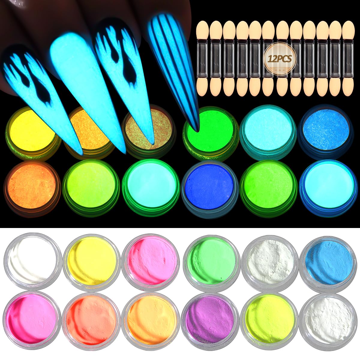 Polvo pigmento luminoso de SUTOZMIWE, 12 colores, brillo destacado para uñas