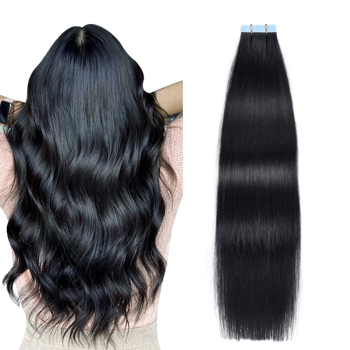 SUYYA extensiones de pelo tape jet negro 20 pulgadas para un look natural